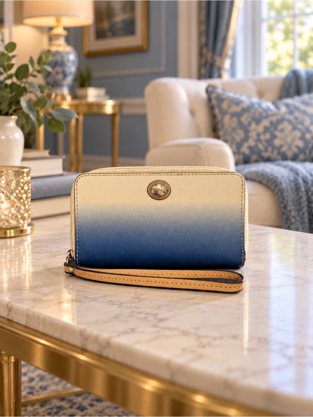 COACH Peyton Ombré Accordion Zip Wallet — Blue/White Wristlet